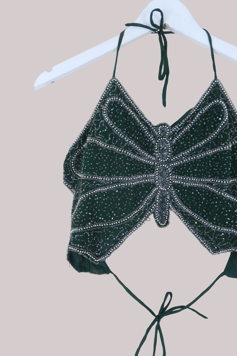 Addison Vintage Beaded Butterfly Top in Jade Green