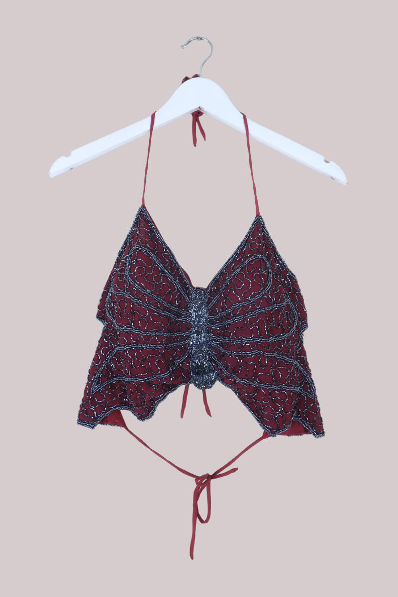 Addison Vintage Beaded Butterfly Top in Crimson & Pewter
