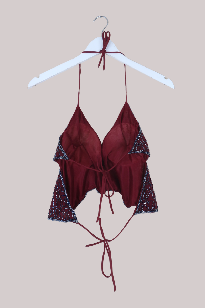 Addison Vintage Beaded Butterfly Top in Crimson & Pewter