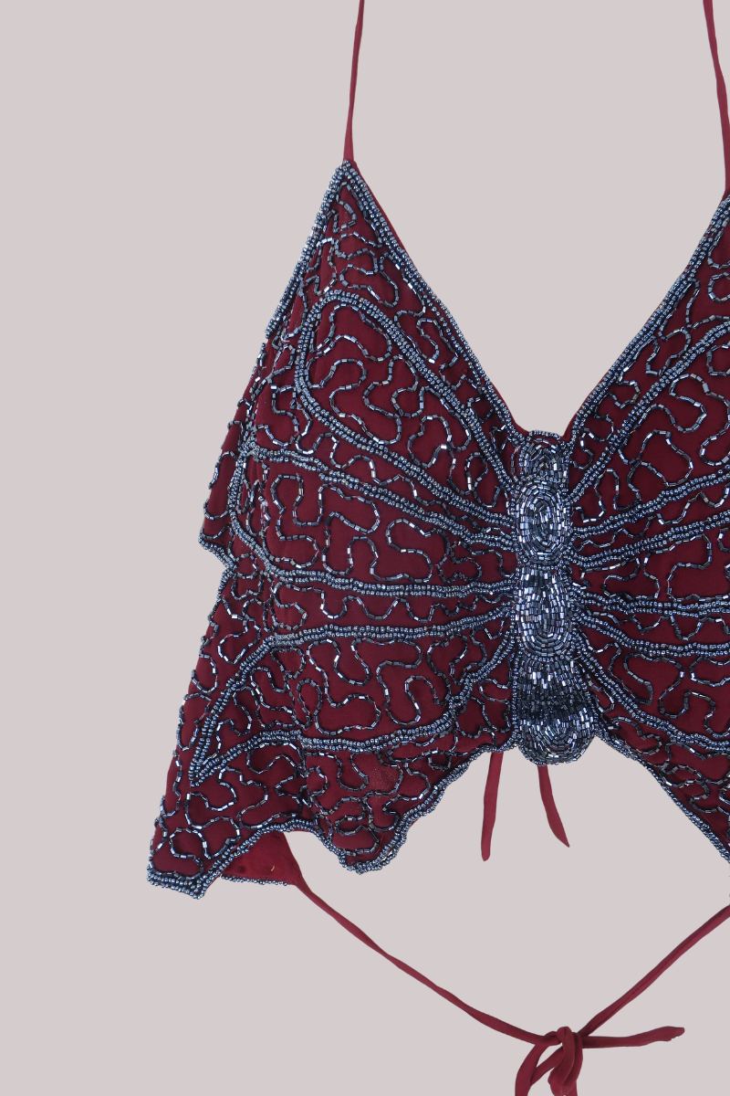Addison Vintage Beaded Butterfly Top in Crimson & Pewter