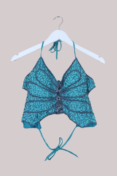 Addison Vintage Beaded Butterfly Top in Aquamarine