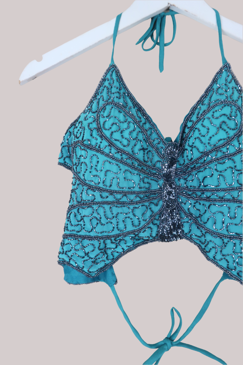 Addison Vintage Beaded Butterfly Top in Aquamarine
