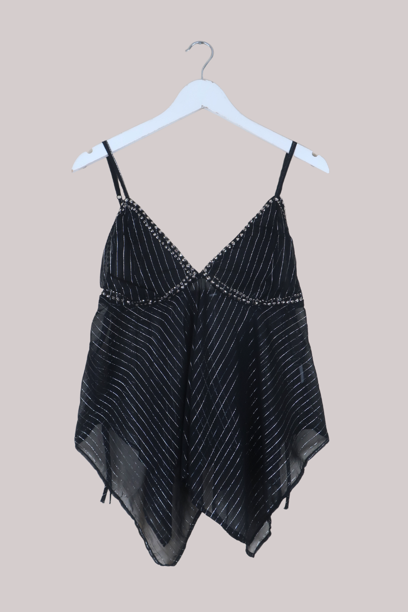 Vintage Beaded Sari Babydoll Top in Obsidian Pin Stripe