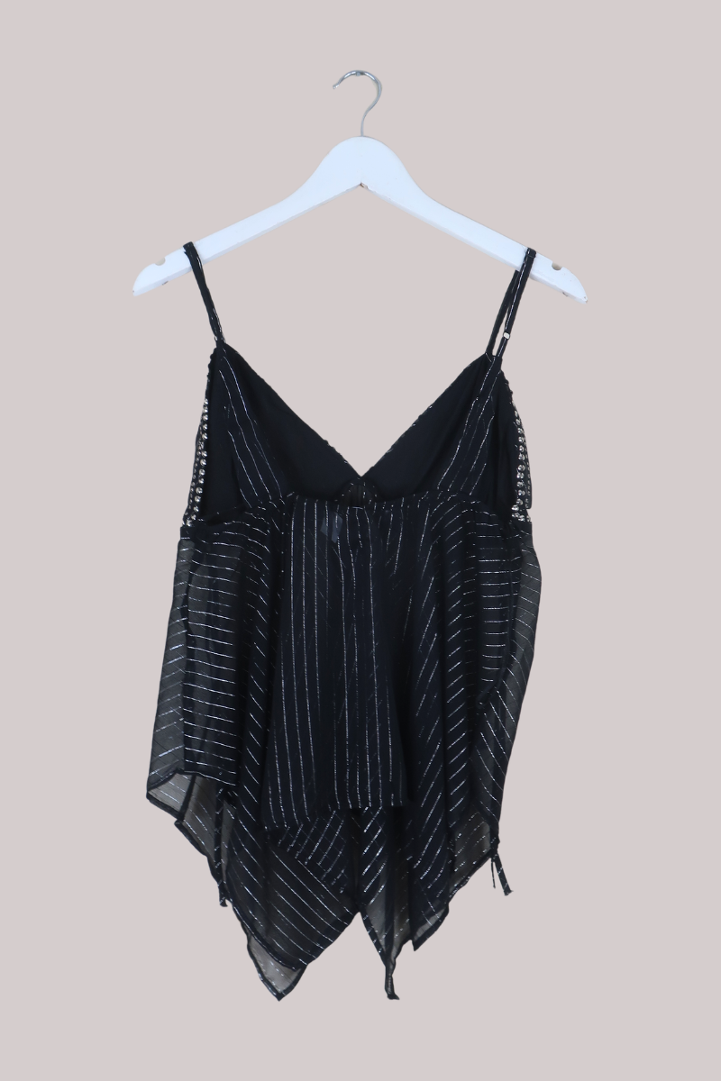 Vintage Beaded Sari Babydoll Top in Obsidian Pin Stripe