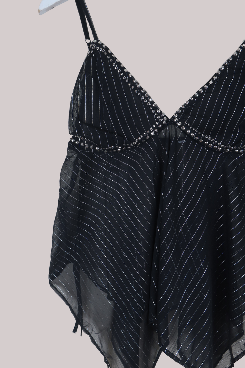 Vintage Beaded Sari Babydoll Top in Obsidian Pin Stripe