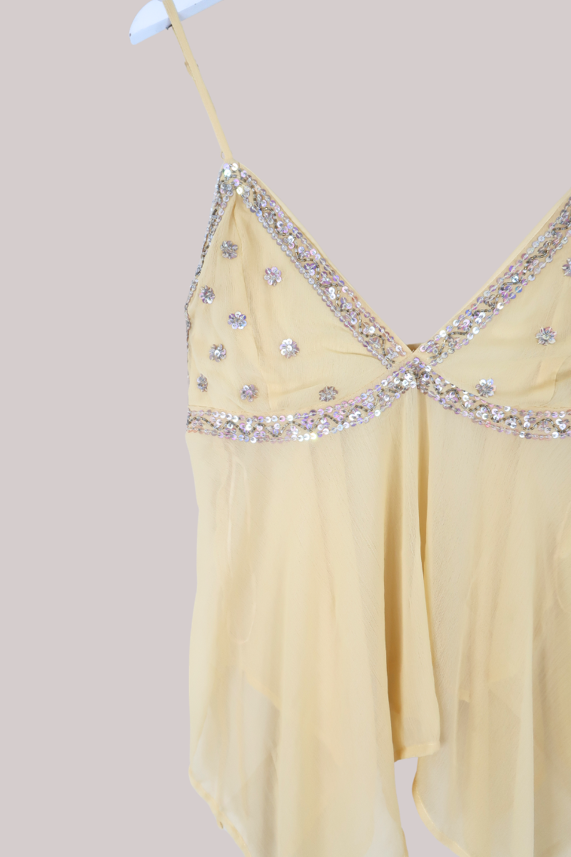 Vintage Beaded Sari Babydoll Top in Sicilian Lemon