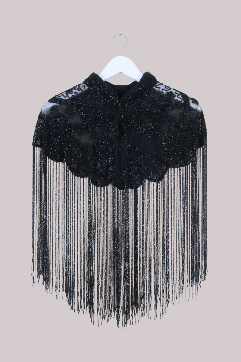 Waterfall Beaded Fringe Cloak in Black Crystal