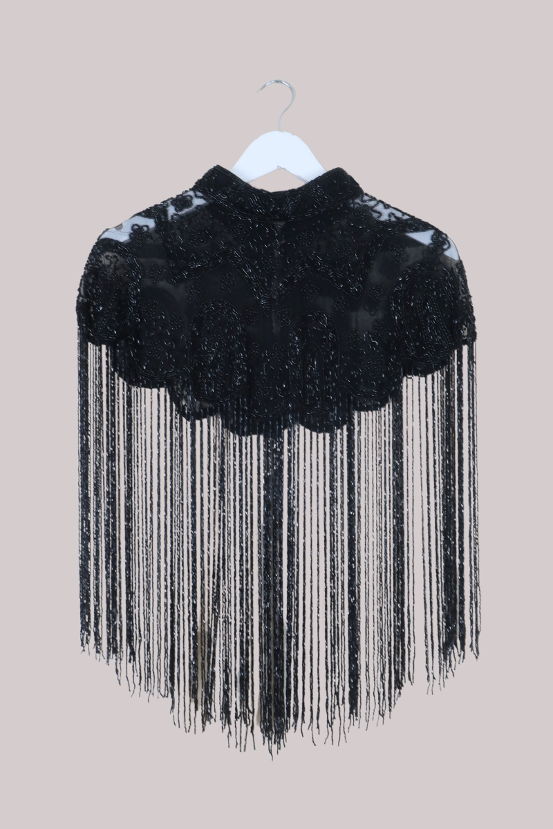 Waterfall Beaded Fringe Cloak in Black Crystal