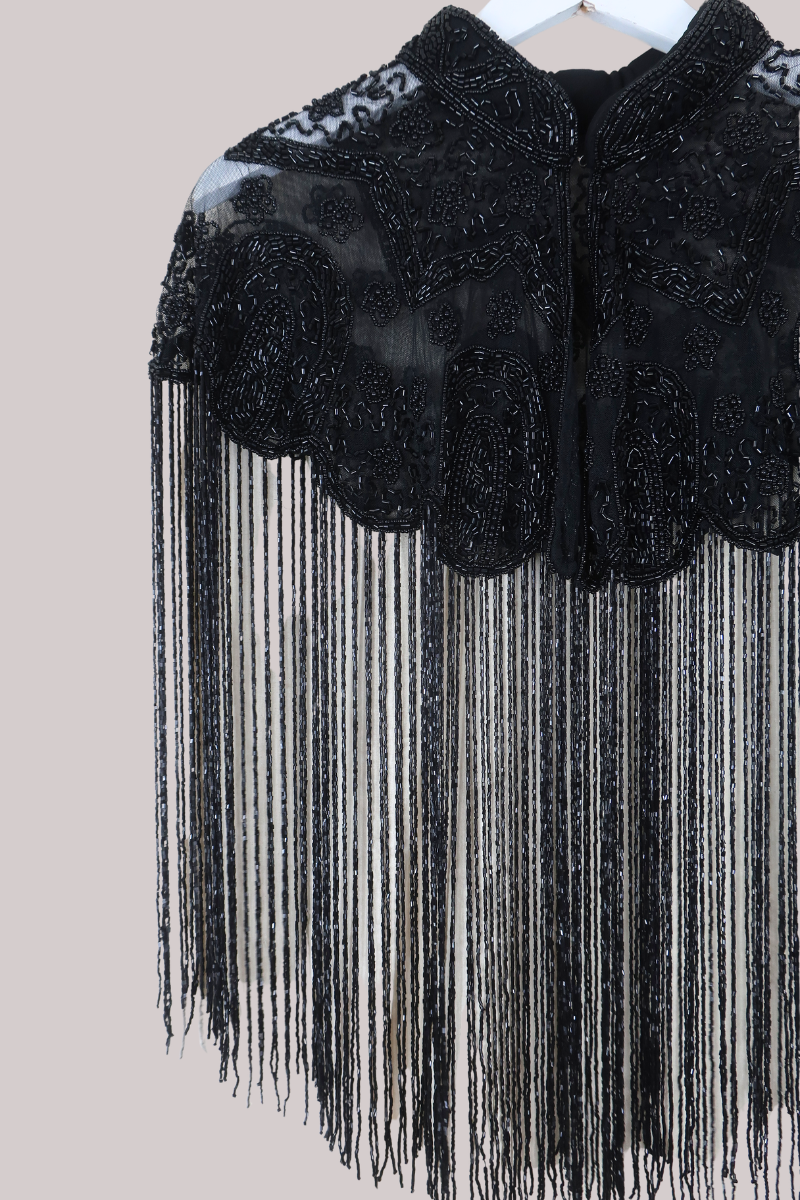 Waterfall Beaded Fringe Cloak in Black Crystal