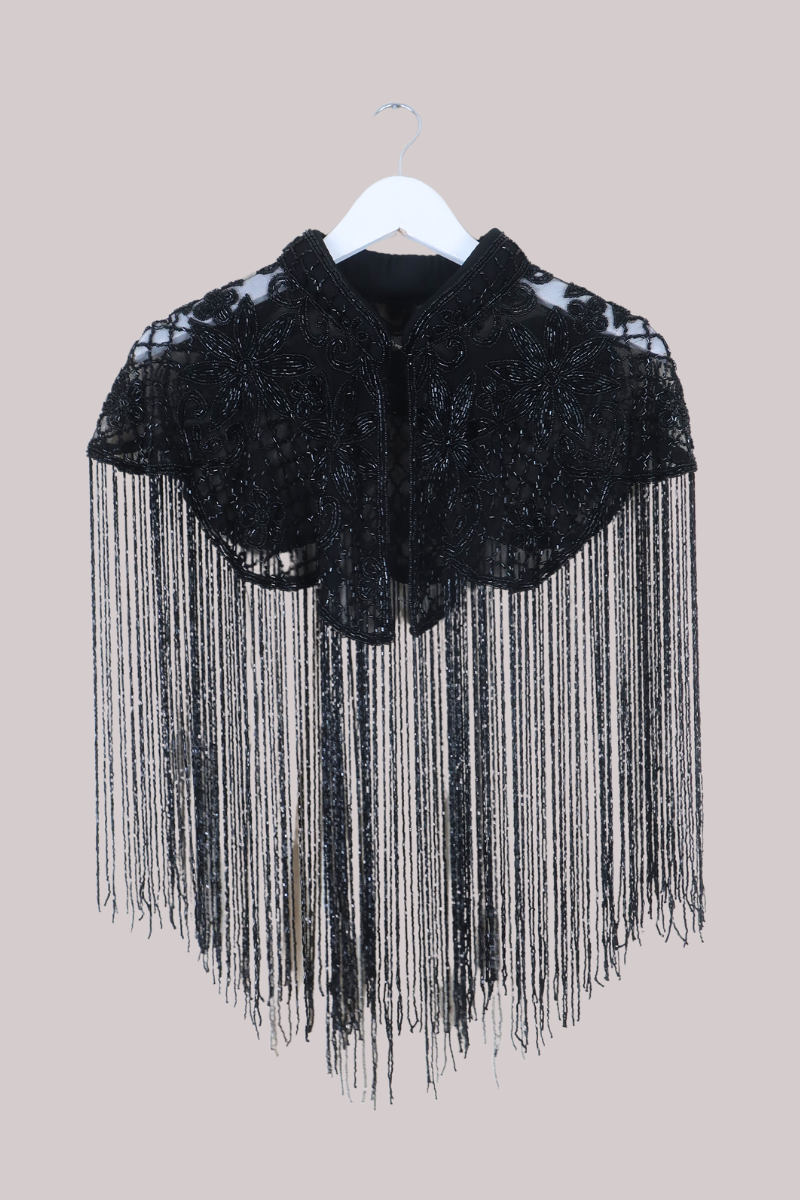 Waterfall Beaded Fringe Cloak in Midnight Sunflowers