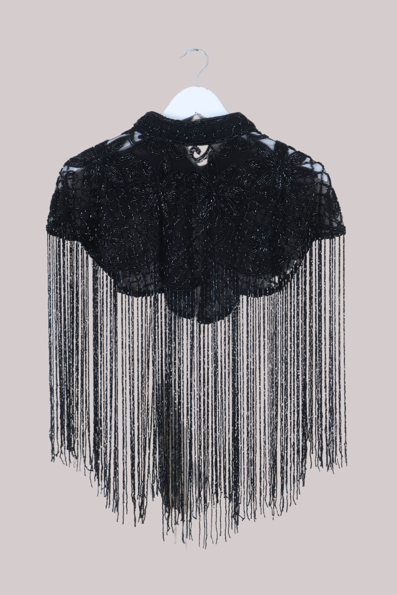 Waterfall Beaded Fringe Cloak in Midnight Sunflowers