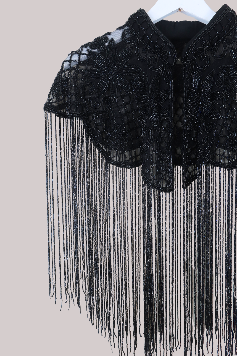 Waterfall Beaded Fringe Cloak in Midnight Sunflowers