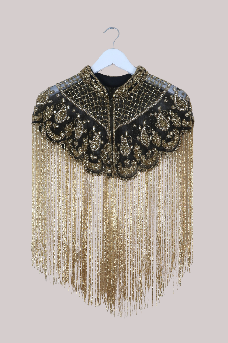 Waterfall Beaded Fringe Cloak in Gold Paisley