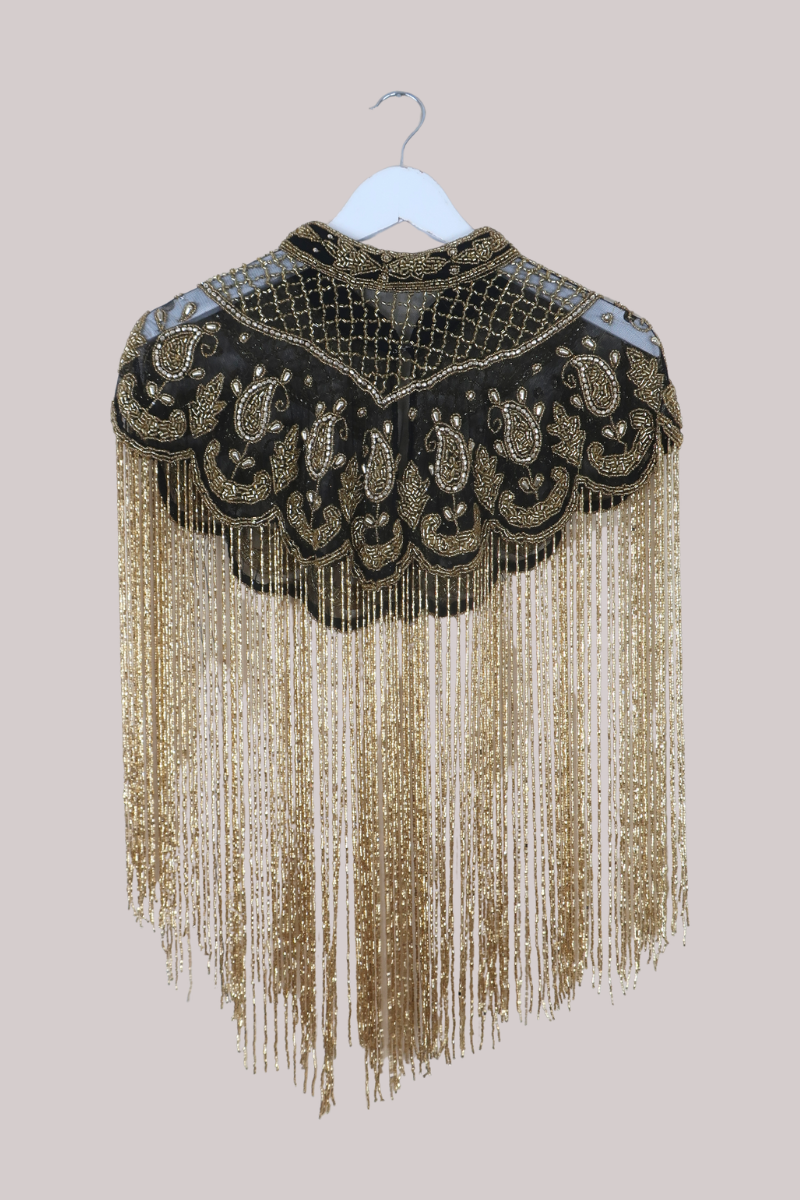 Waterfall Beaded Fringe Cloak in Gold Paisley
