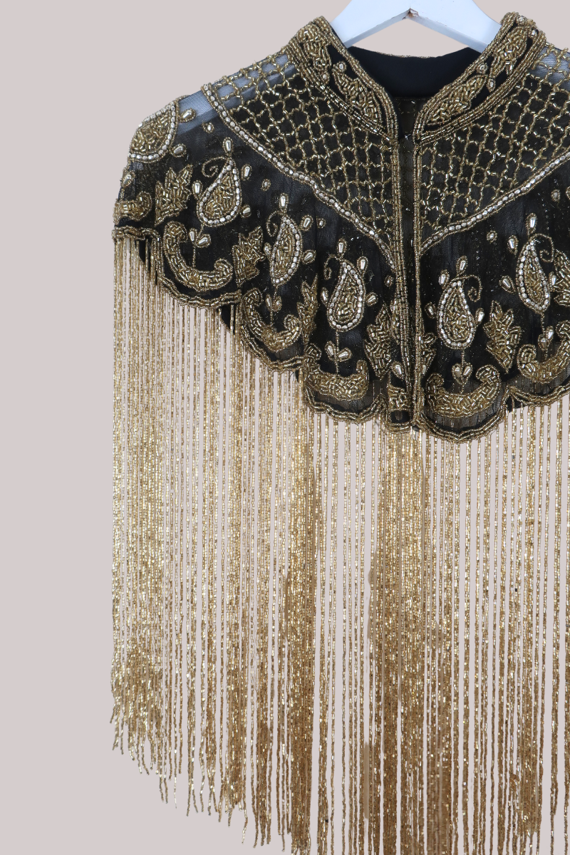 Waterfall Beaded Fringe Cloak in Gold Paisley