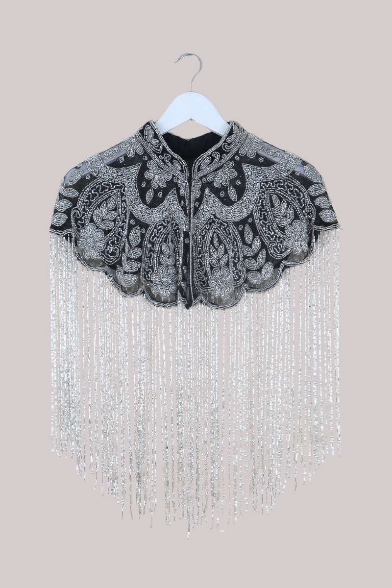 Waterfall Beaded Fringe Cloak in Silver Leaf
