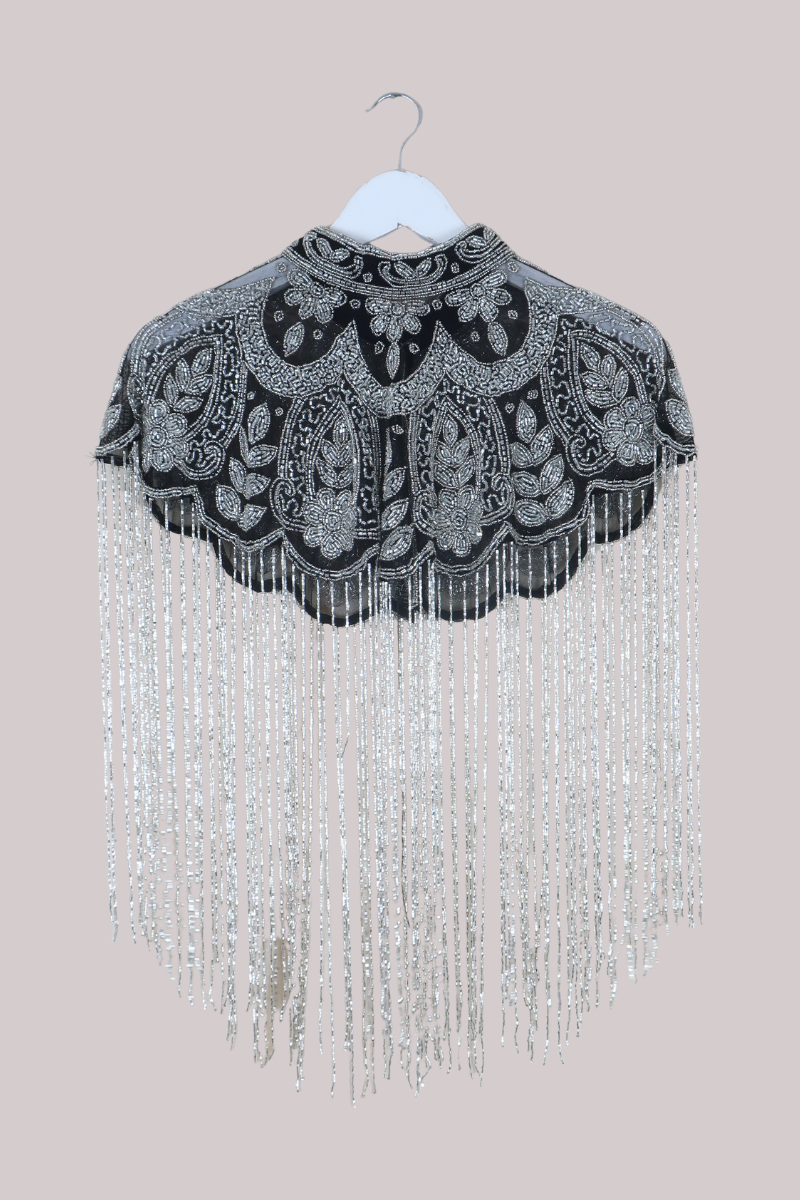 Waterfall Beaded Fringe Cloak in Silver Leaf