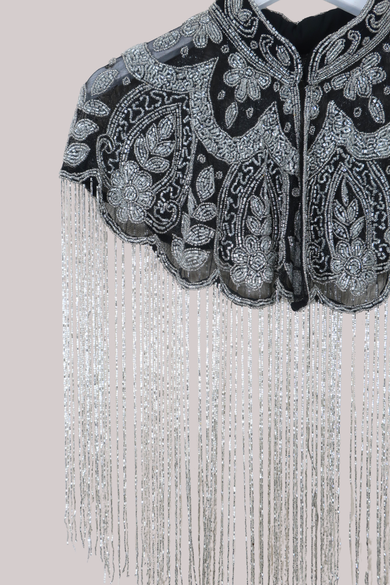 Waterfall Beaded Fringe Cloak in Silver Leaf