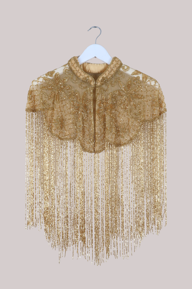 Waterfall Beaded Fringe Cloak in Champagne Florals