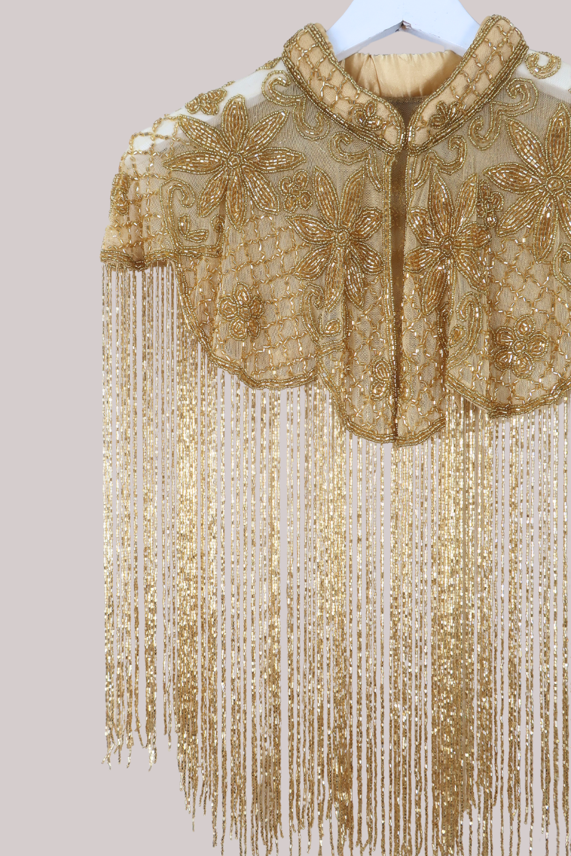 Waterfall Beaded Fringe Cloak in Champagne Florals