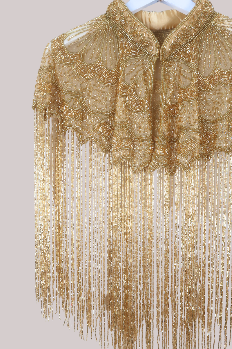 Waterfall Beaded Fringe Cloak in Moet Gold