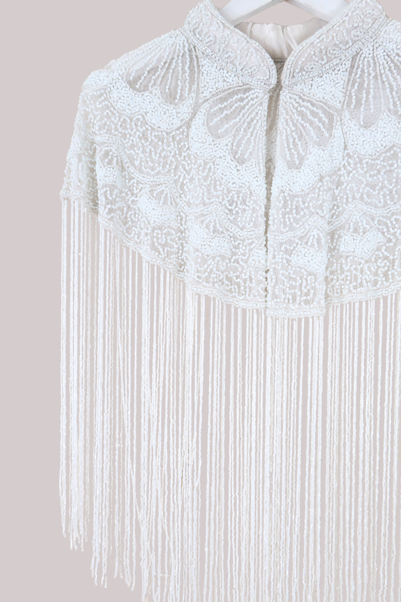 Waterfall Beaded Fringe Cloak in Diamond White