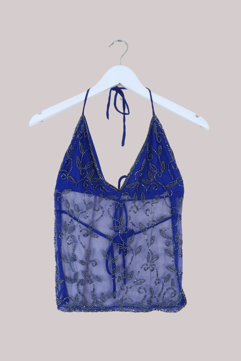 Vintage Sheer Beaded Sari Halter Top in Moonlit Ocean