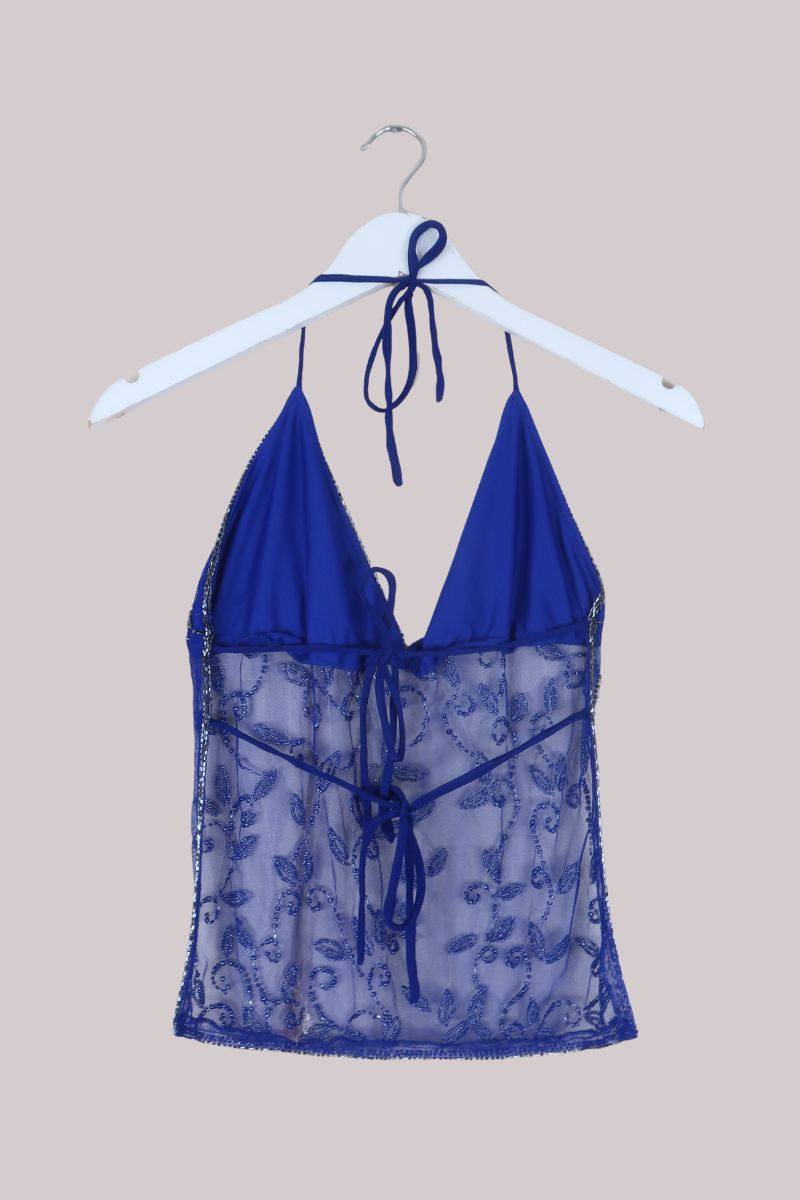 Vintage Sheer Beaded Sari Halter Top in Moonlit Ocean