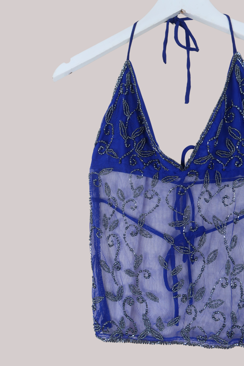 Vintage Sheer Beaded Sari Halter Top in Moonlit Ocean