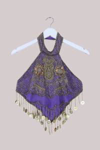 Vintage Beaded Handkerchief Halter Top in Periwinkle & Gold Coins