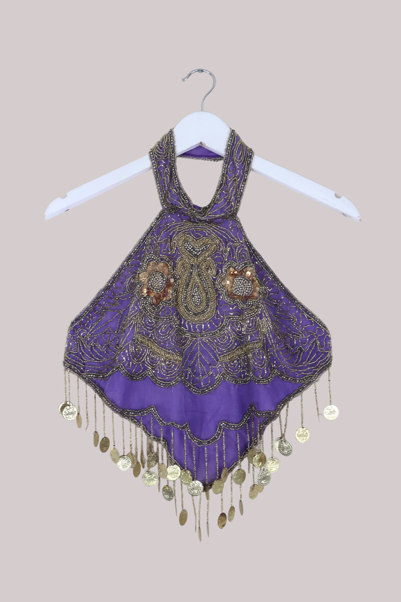 Vintage Beaded Handkerchief Halter Top in Periwinkle & Gold Coins