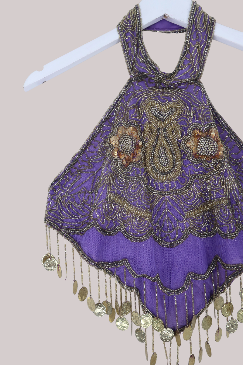 Vintage Beaded Handkerchief Halter Top in Periwinkle & Gold Coins
