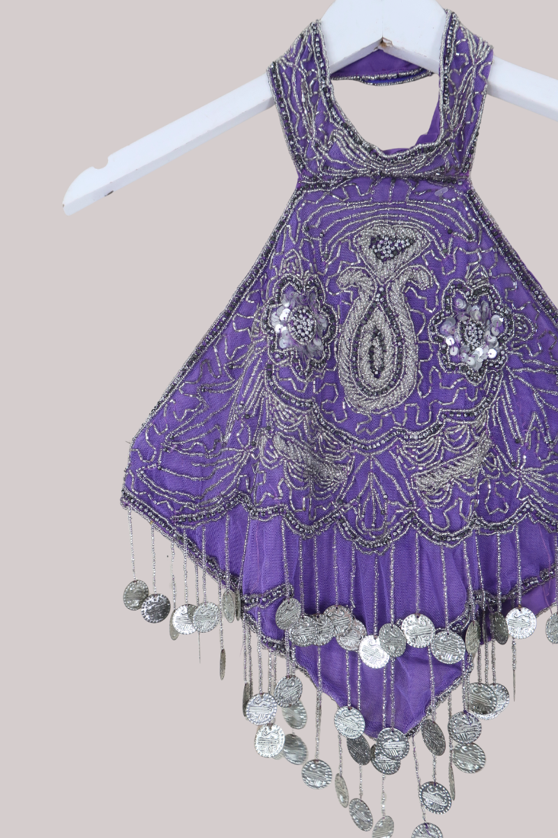 Vintage Beaded Handkerchief Halter Top in Periwinkle & Silver Coins