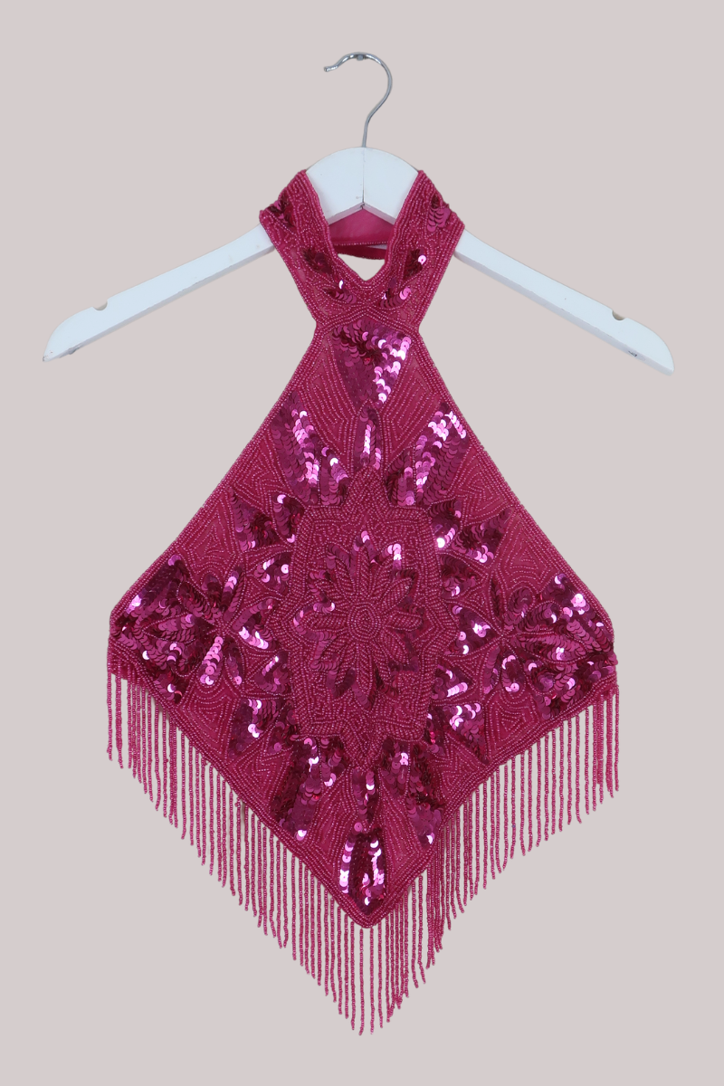 Beaded Handkerchief Halter Top in Ruby Pink Sunset