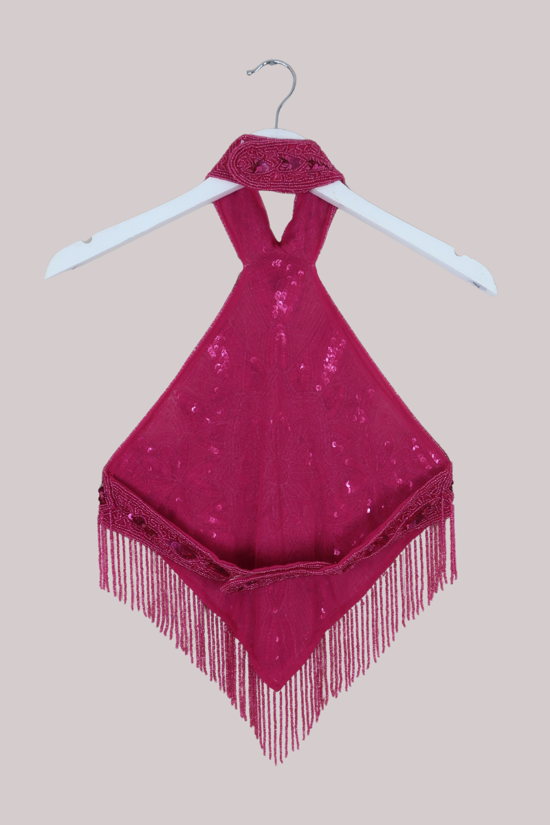 Beaded Handkerchief Halter Top in Ruby Pink Sunset