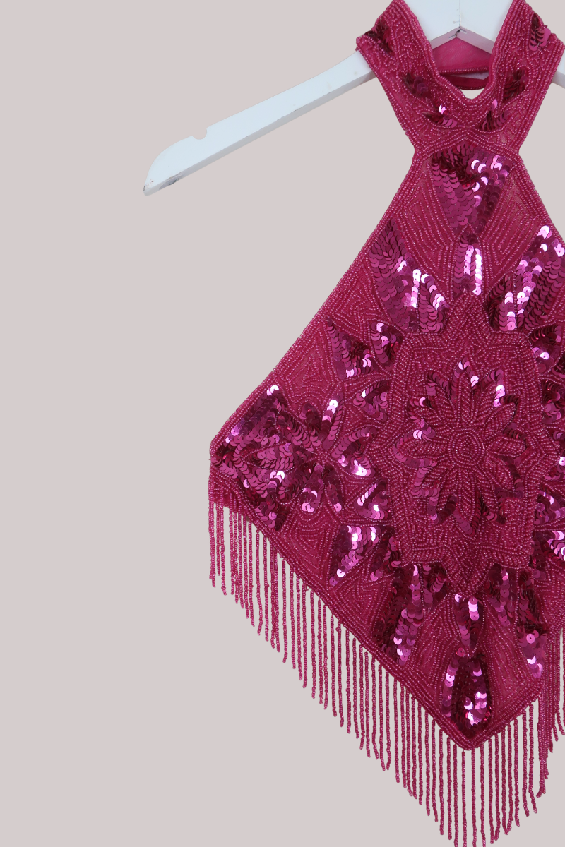 Beaded Handkerchief Halter Top in Ruby Pink Sunset