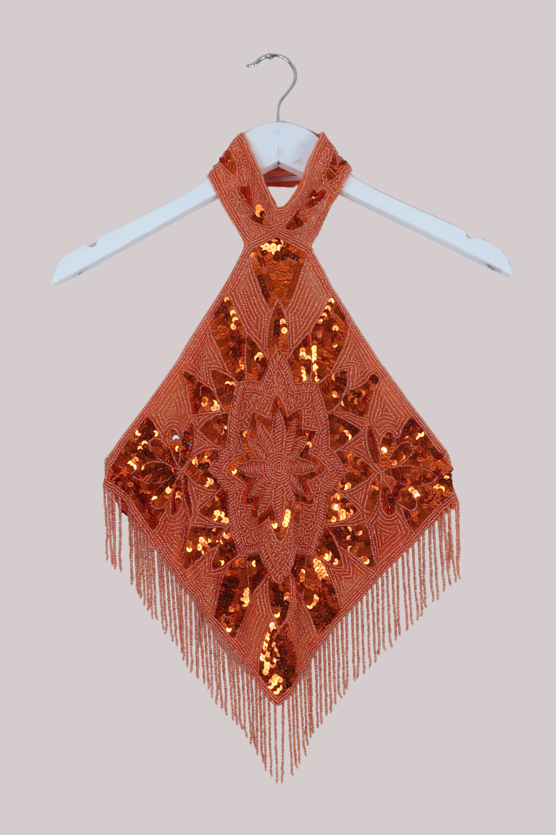 Beaded Handkerchief Halter Top in Heart of Fire Orange