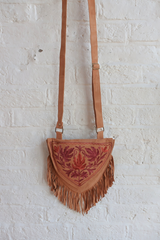 Zelda Embroidered Suede Saddle Bag in Camel & Mulberry Maple Leaves