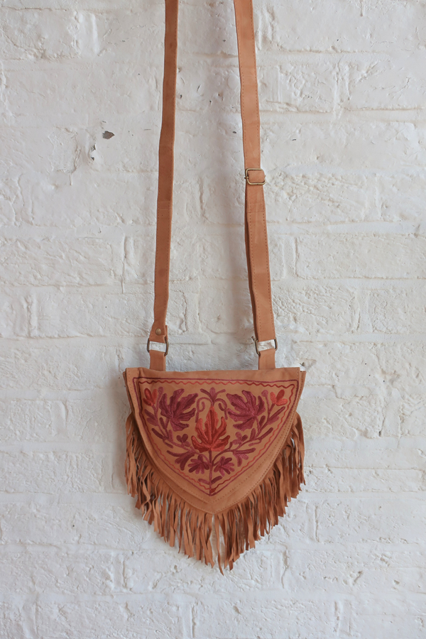 Zelda Embroidered Suede Saddle Bag in Camel & Mulberry Maple Leaves