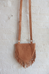 Zelda Embroidered Suede Saddle Bag in Camel & Mulberry Maple Leaves