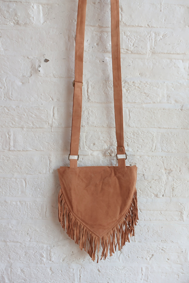 Zelda Embroidered Suede Saddle Bag in Camel & Mulberry Maple Leaves