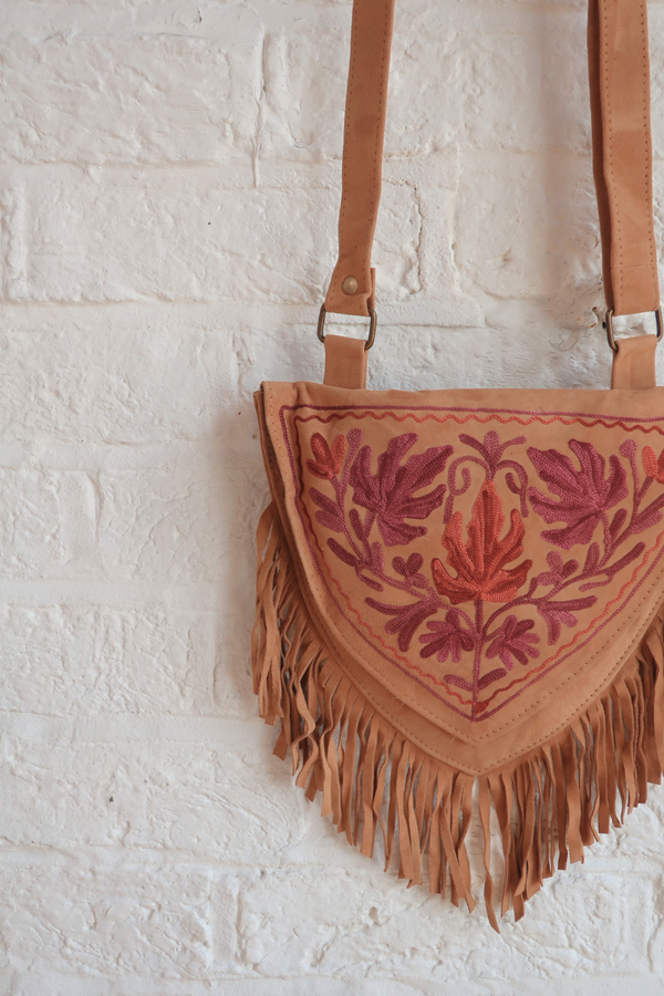Zelda Embroidered Suede Saddle Bag in Camel & Mulberry Maple Leaves