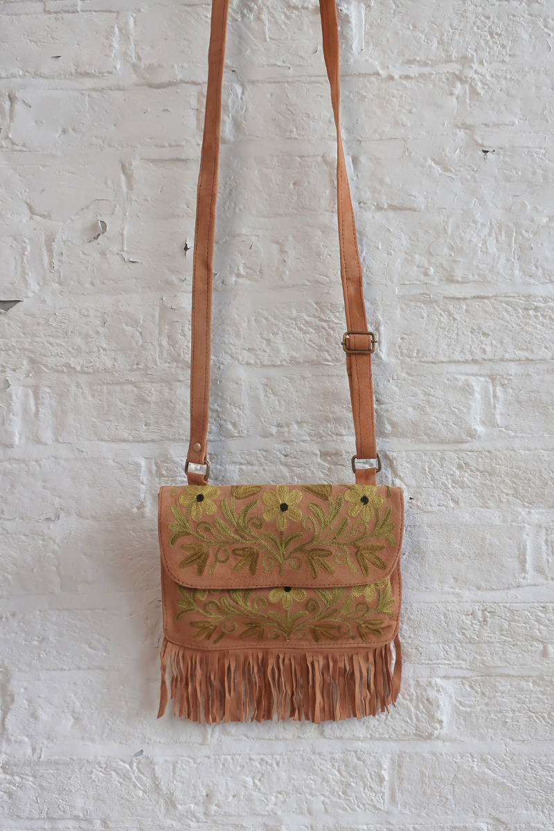 Zelda Embroidered Suede Saddle Bag in Camel & Limoncello Flowers