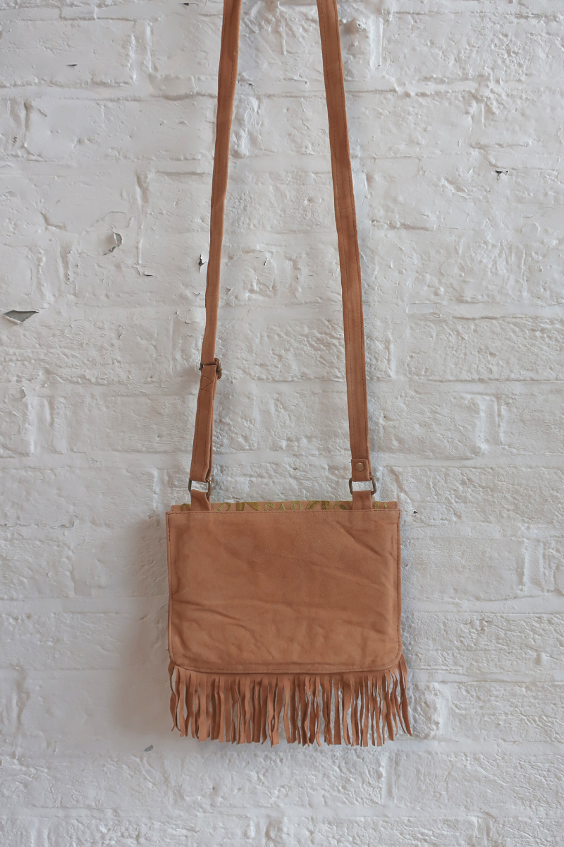 Zelda Embroidered Suede Saddle Bag in Camel & Limoncello Flowers