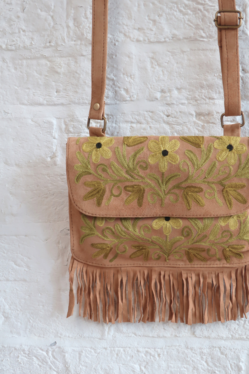 Zelda Embroidered Suede Saddle Bag in Camel & Limoncello Flowers