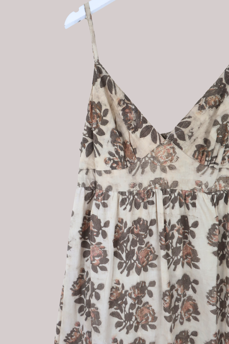 Isobel Maxi Dress in Sand & Bronze Block Print Roses