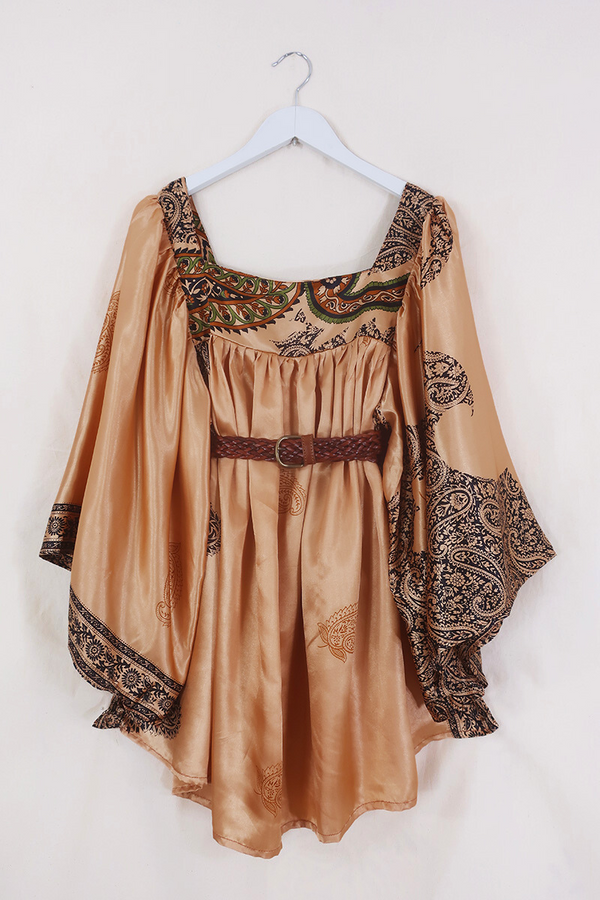 SALE Honey Mini Dress - Chrome Peach & Black Floral Paisley - Vintage Indian Sari - Free Size By All About Audrey