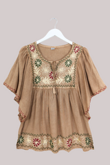 Embroidered Tunic Smock Top in Honey Beige - Free Size