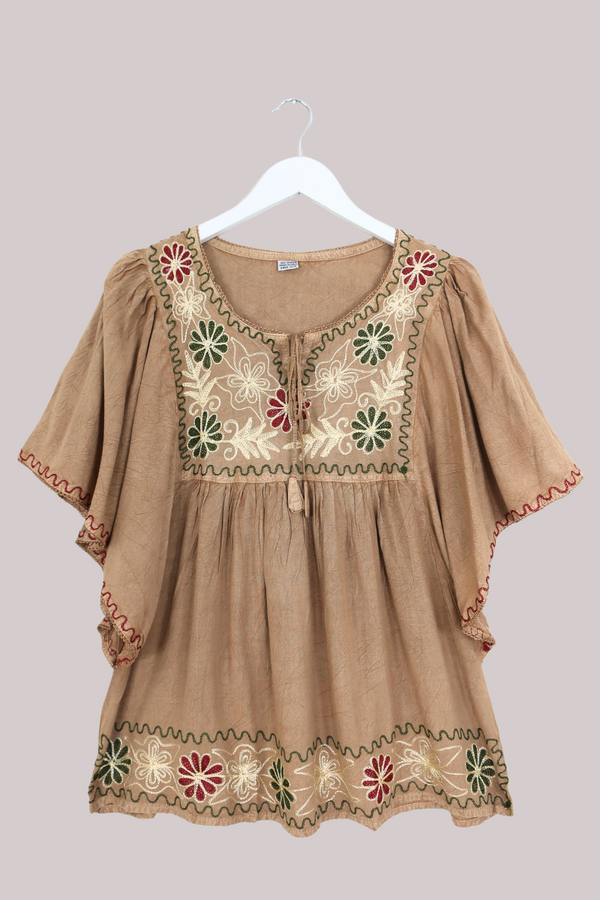 Embroidered Tunic Smock Top in Honey Beige - Free Size