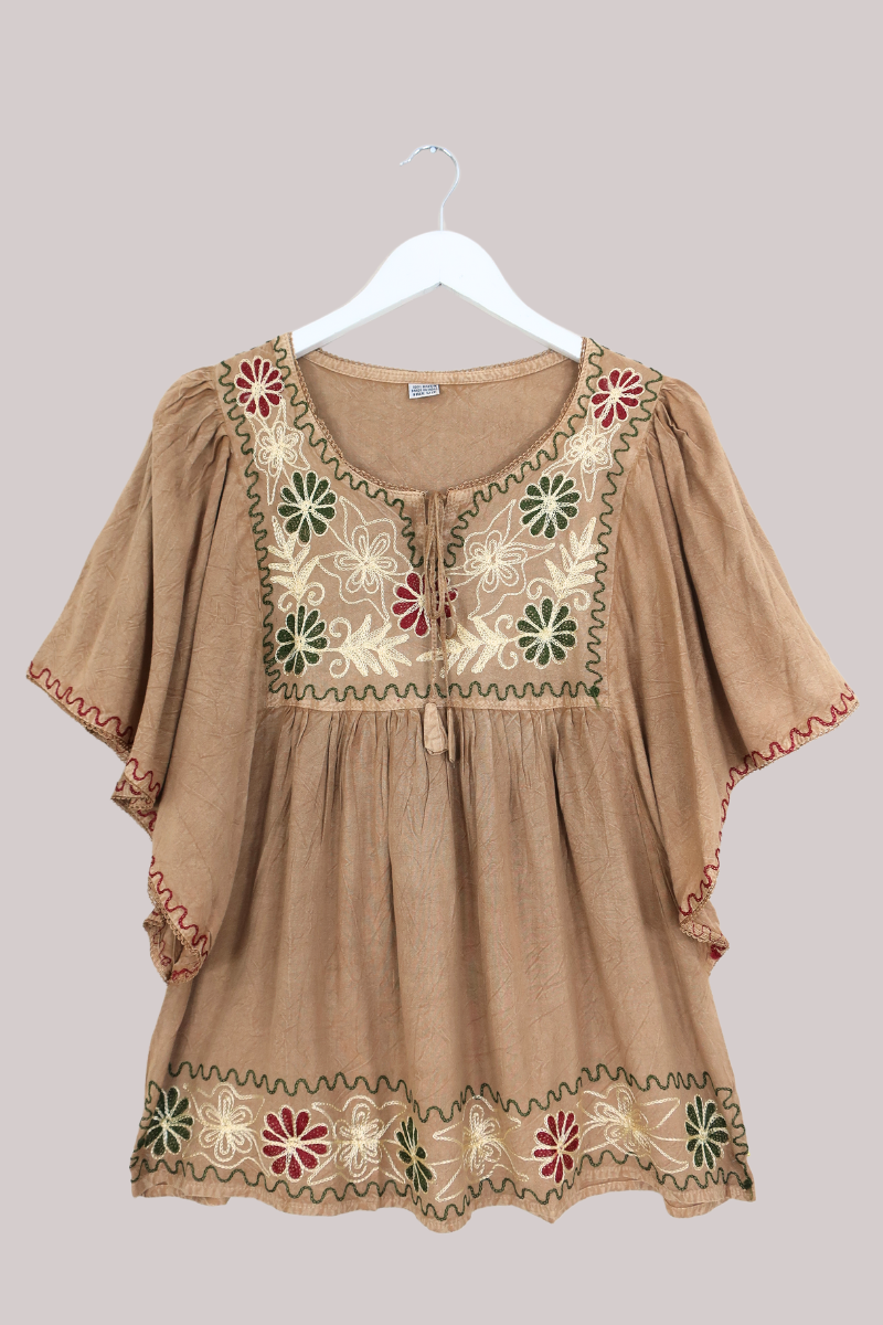 Embroidered Tunic Smock Top in Honey Beige - Free Size